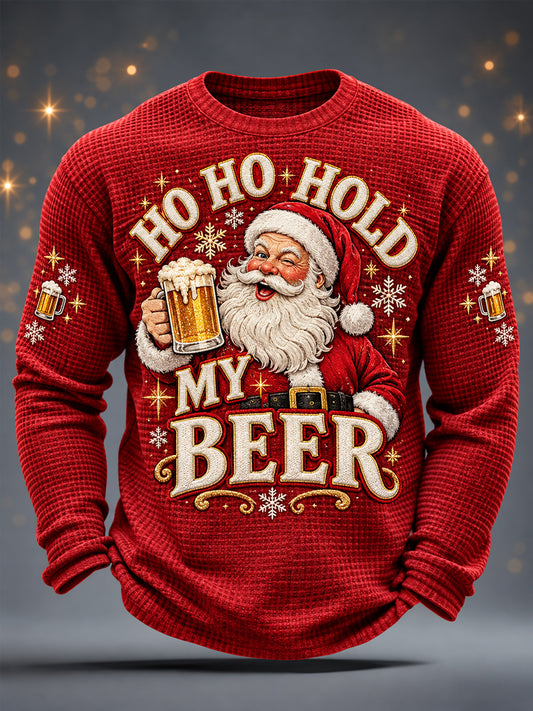 Men's Funny Christmas Santa Claus Drink Beer Print Casual Waffle Long Sleeve T-Shirt