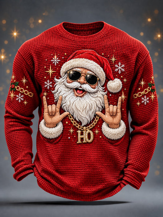 Men's Christmas Santa Claus Print Casual Waffle Long Sleeve T-Shirt