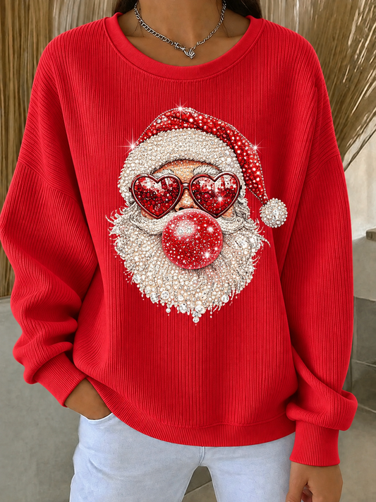 Women's Christmas Ribbed Round-Neck Sweatshirt