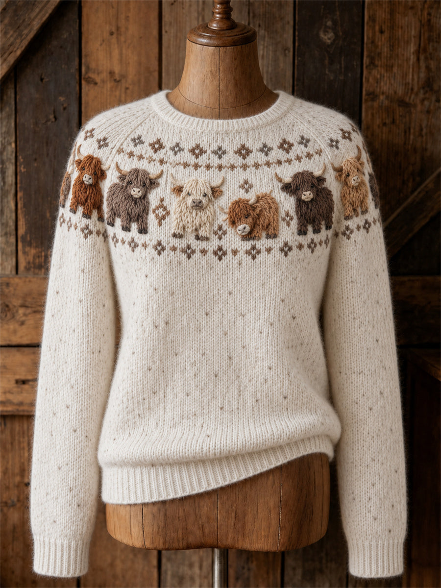 Women's Vintage Highland Cows Yoke Isle Print crew neck sweater