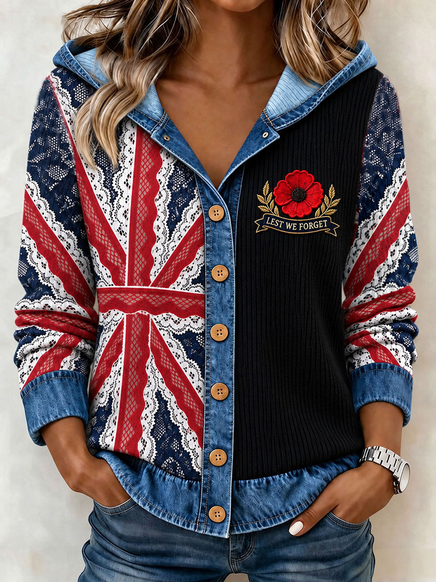 Women's Lest We Forget Print Denim Patchwork Sweatshirt