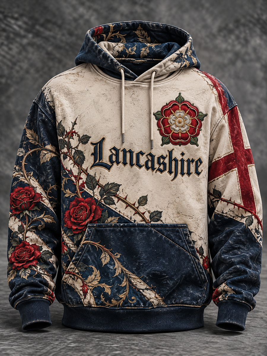 Men's England Lancashire Day Red Roses Art Printed Hoodie with Pockets