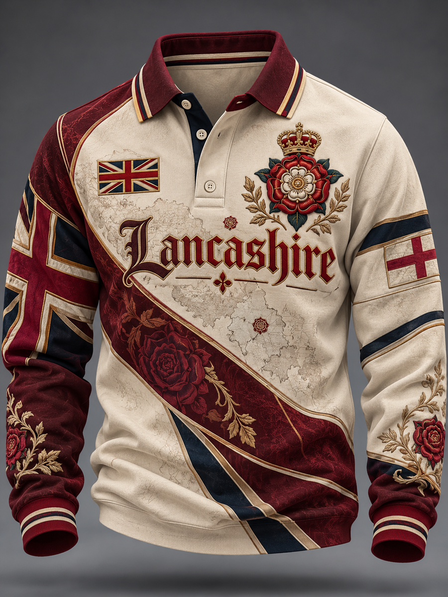 Men's England Lancashire Day Red Roses Art Printed long sleeve polo