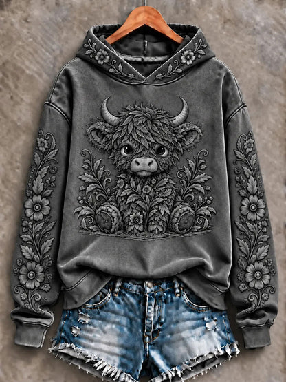Women's Highland Cow Art Print Casual Hoodie
