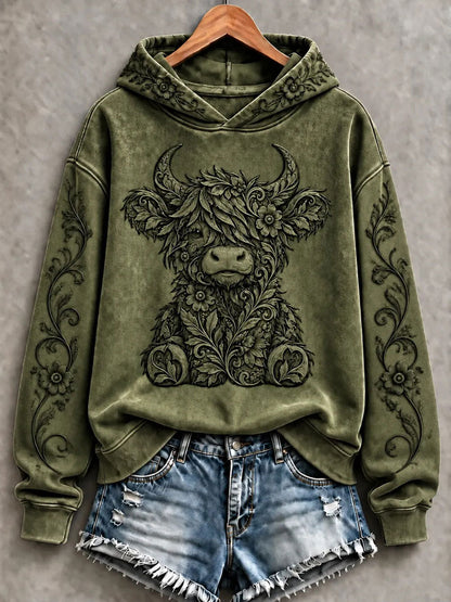 Women's Highland Cow Art Print Casual Hoodie