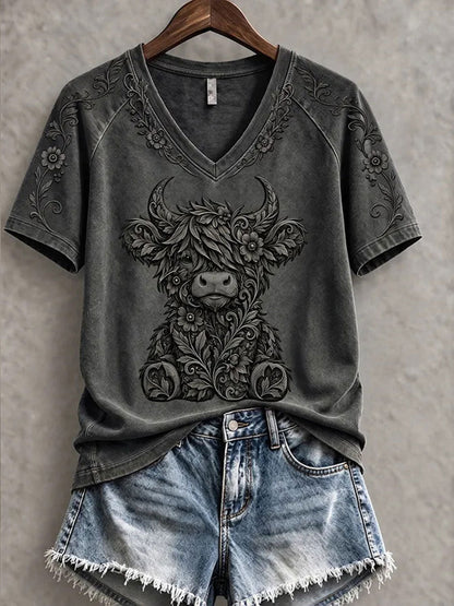 Women’s Highland Cow Art Print Casual T-Shirt
