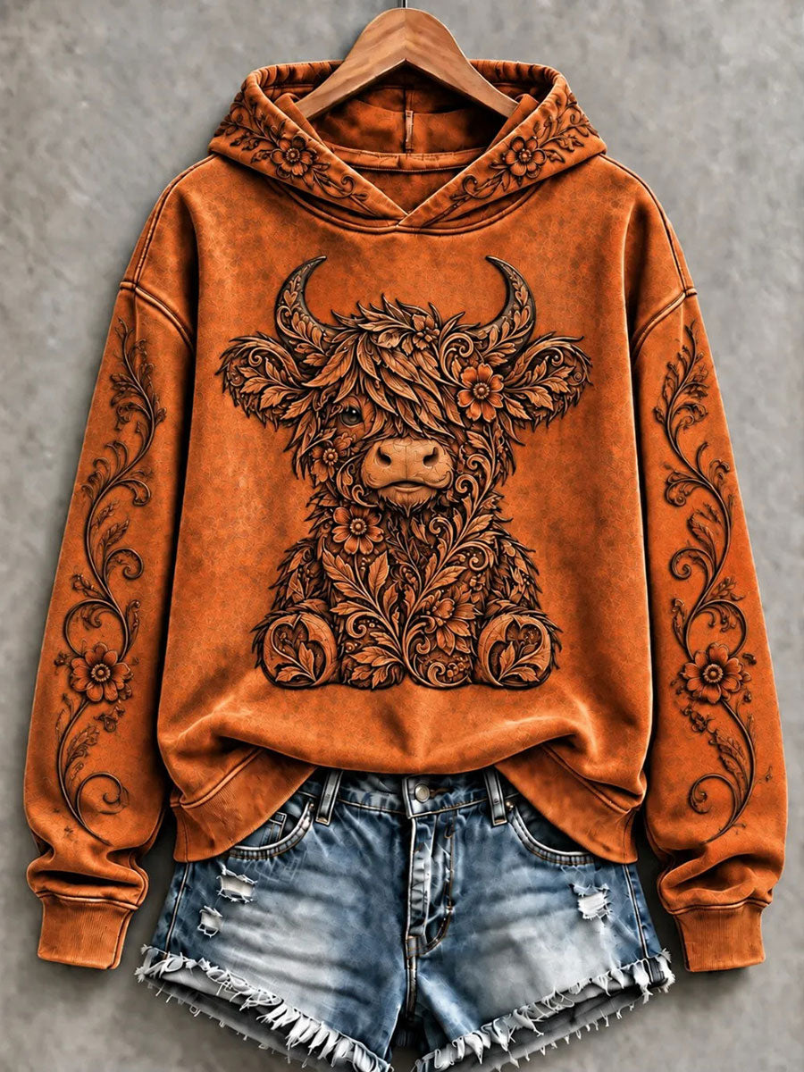 Women's Highland Cow Art Print Casual Hoodie