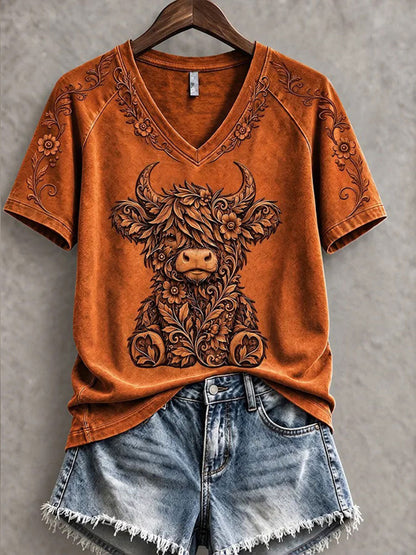 Women’s Highland Cow Art Print Casual T-Shirt