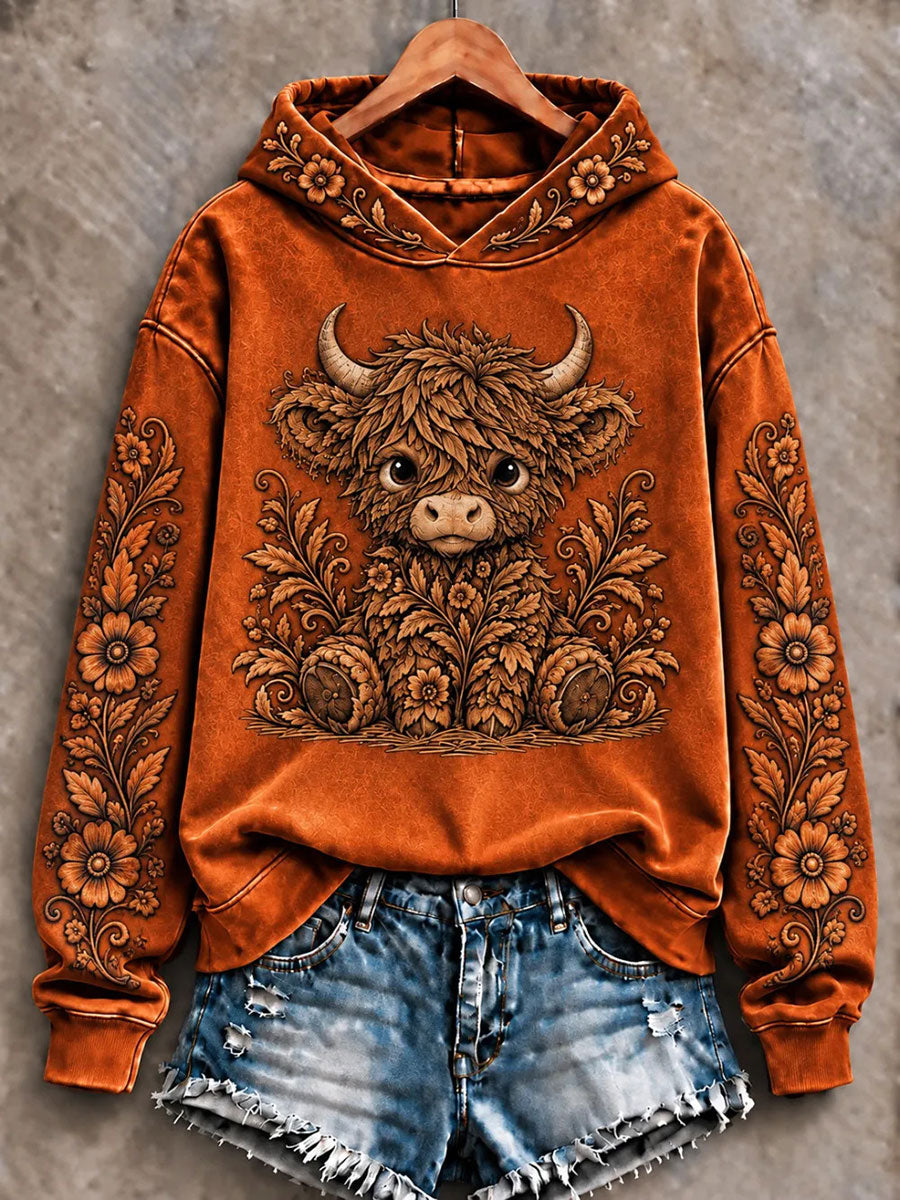 Women's Highland Cow Art Print Casual Hoodie