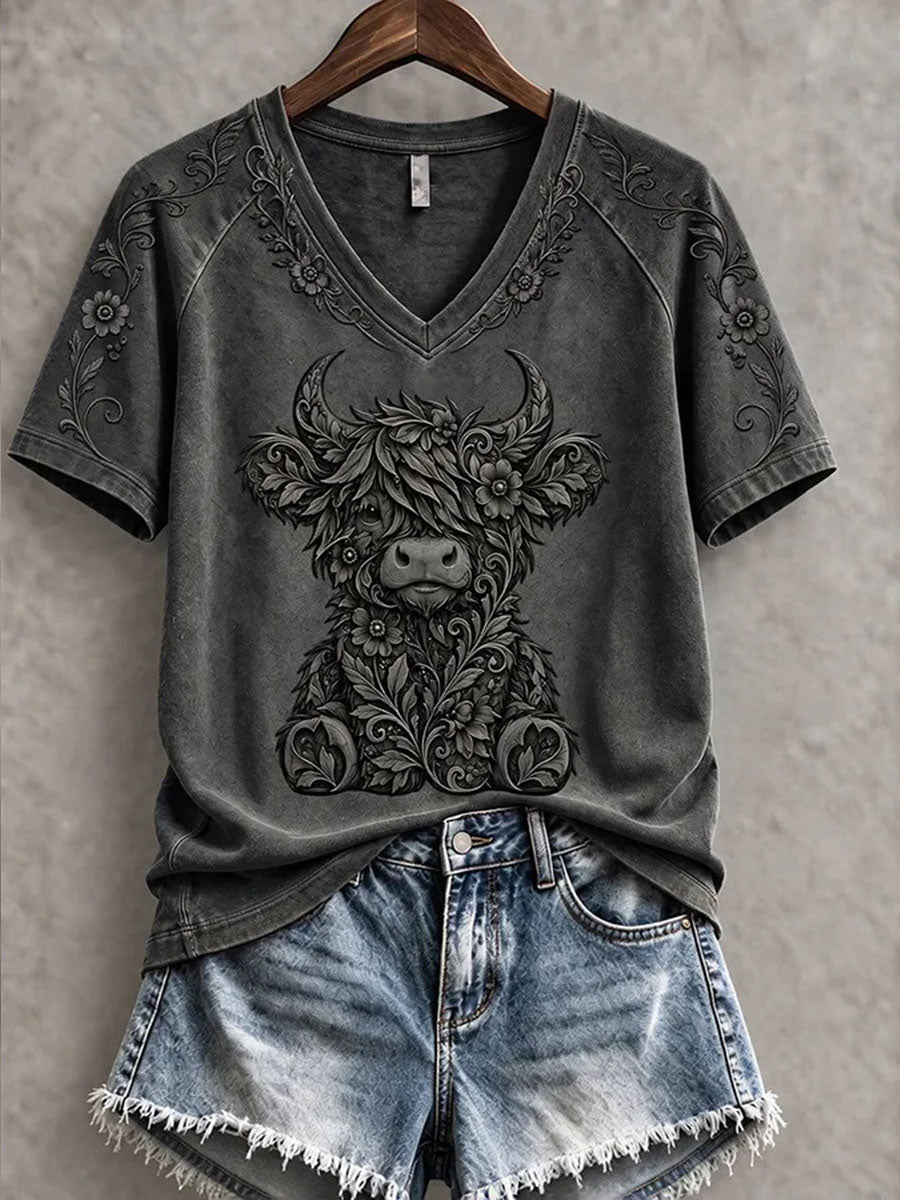 Women’s Highland Cow Art Print Casual T-Shirt