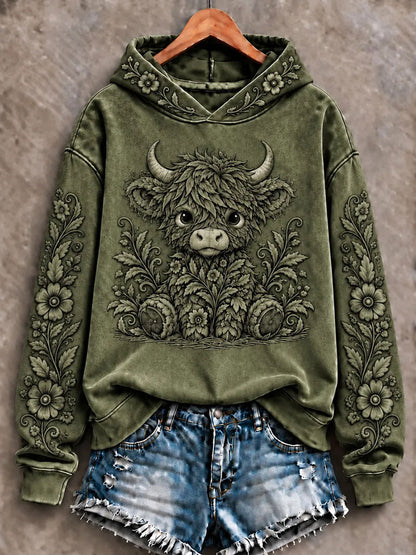 Women's Highland Cow Art Print Casual Hoodie