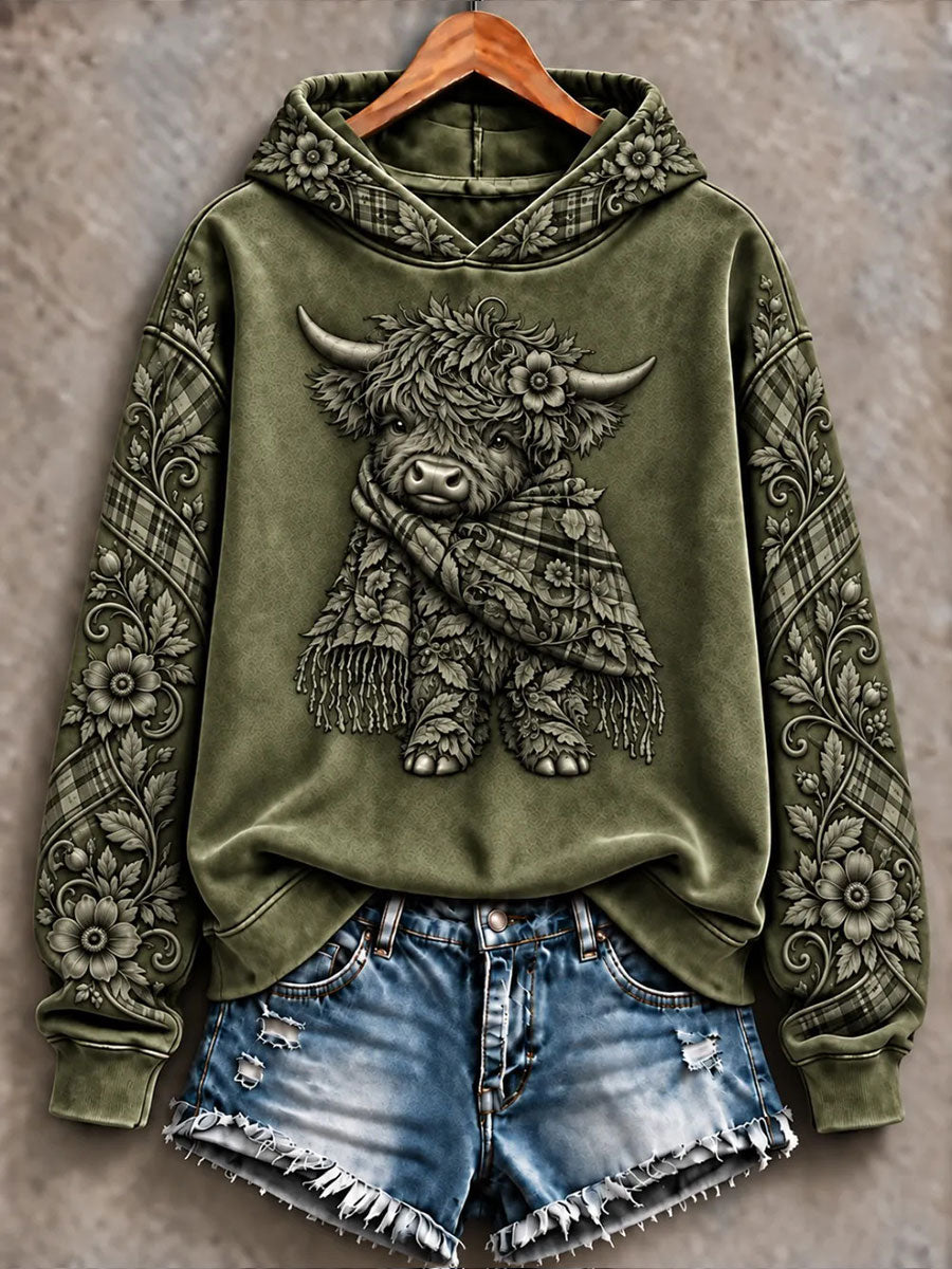 Women's Highland Cow Art Print Casual Hoodie