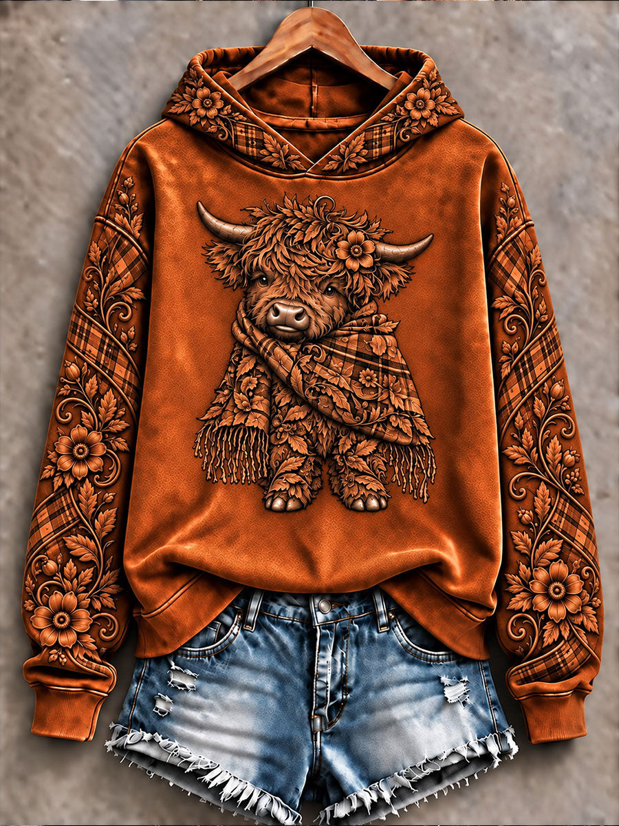 Women's Highland Cow Art Print Casual Hoodie
