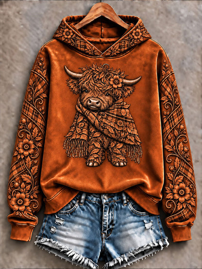 Women's Highland Cow Art Print Casual Hoodie