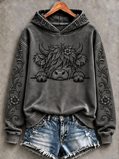 Women's Highland Cow Art Print Casual Hoodie