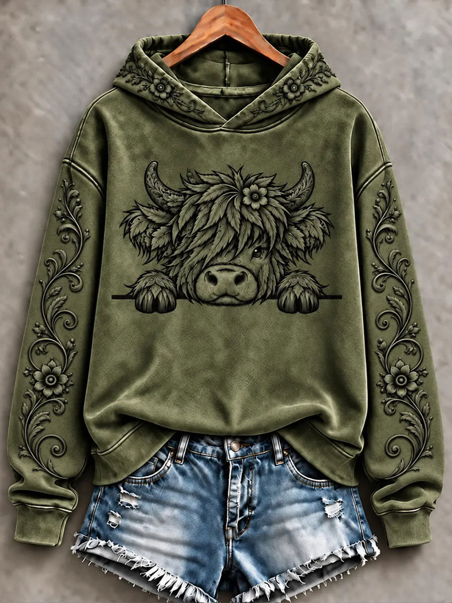 Women's Highland Cow Art Print Casual Hoodie