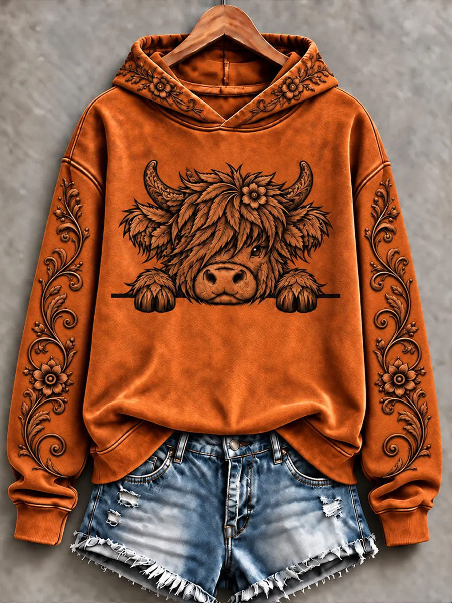 Women's Highland Cow Art Print Casual Hoodie