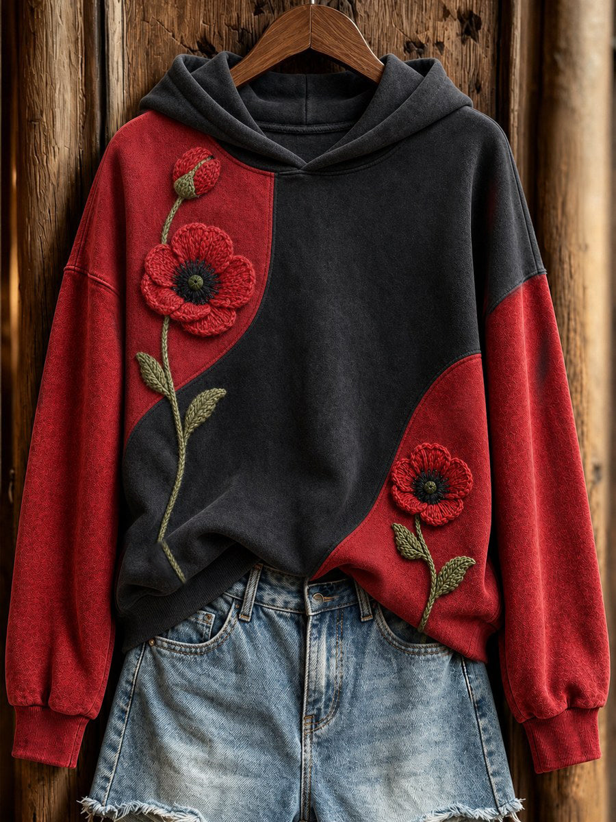 Women's Classy Papaveraceae Flowers Contrast Color Print Hoodie