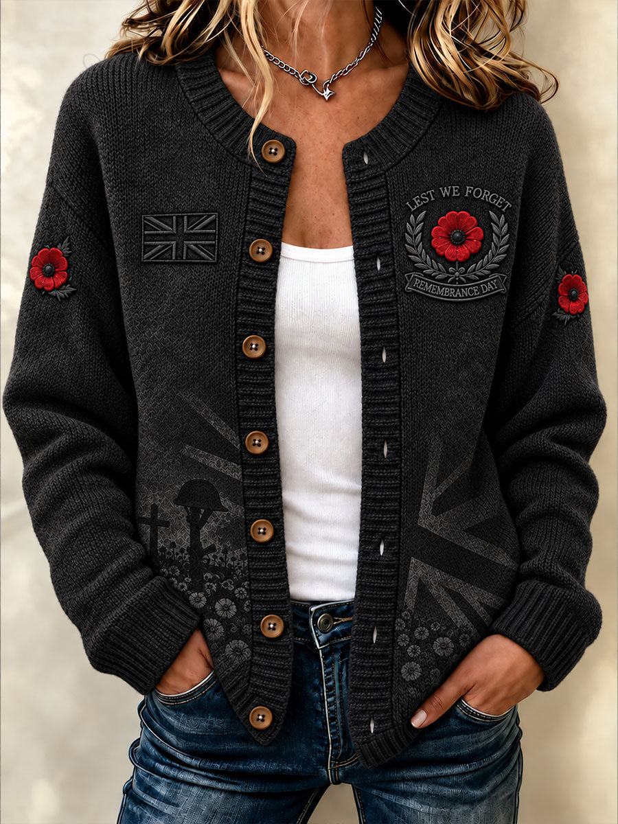 Women's Lest We Forget Print Cardigan-Style Knit Jacket