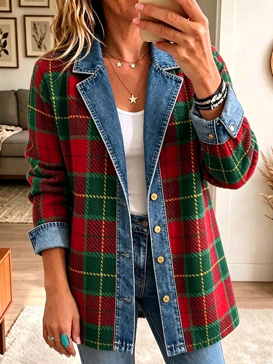 Women's Vintage Plaid Pattern Denim Patchwork Cardigan
