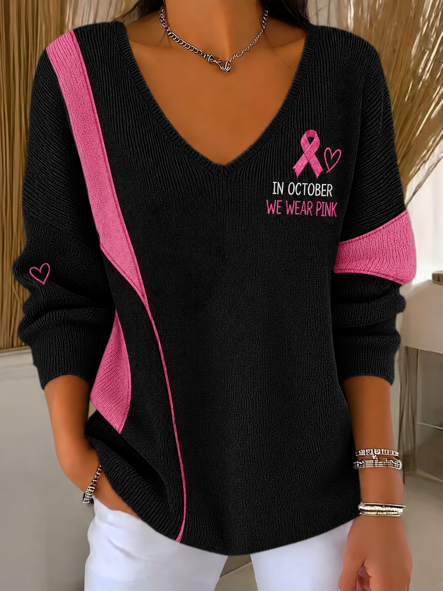 Women's Pink Breast Cancer Awareness Printed V-Neck Ribbed Top
