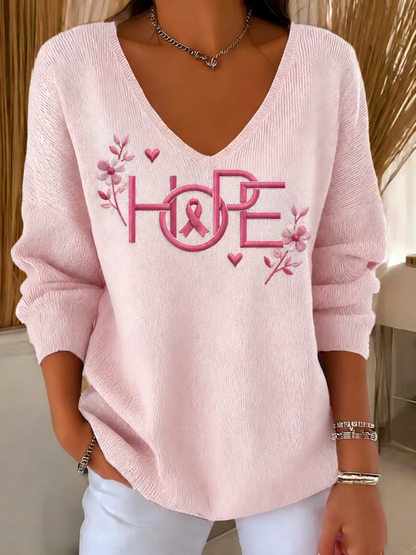 Women's Pink Breast Cancer Awareness Printed V-Neck Ribbed Top