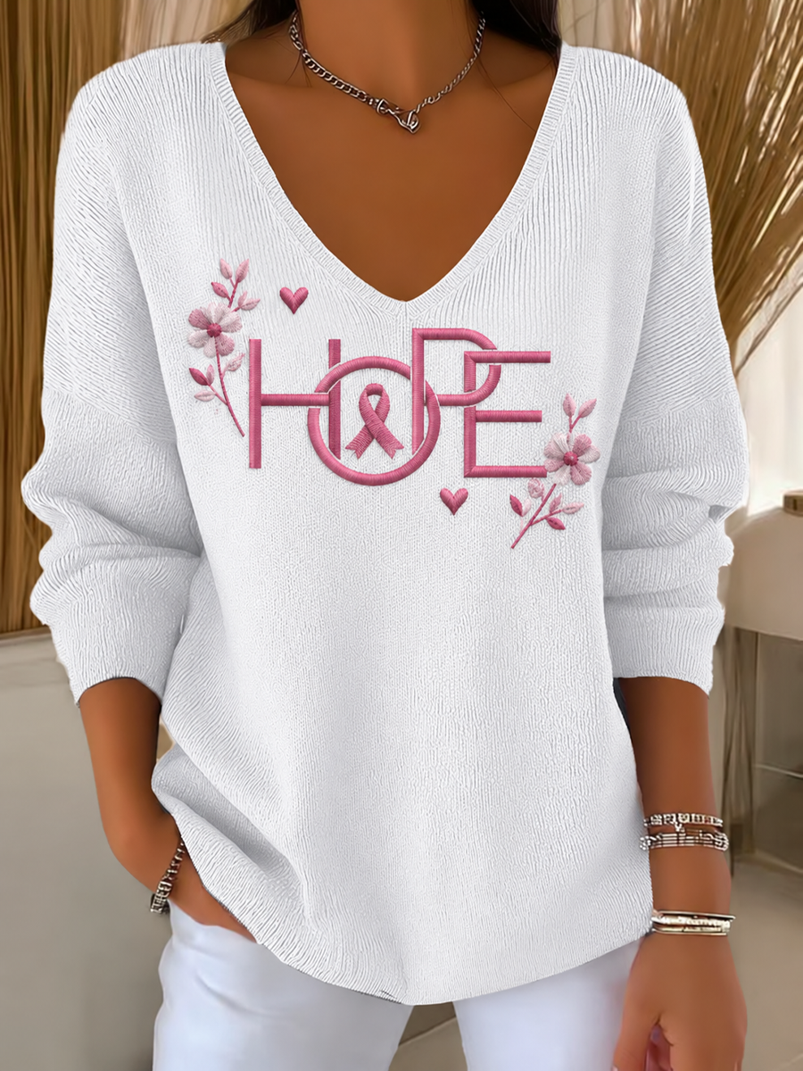 Women's Pink Breast Cancer Awareness Printed V-Neck Ribbed Top