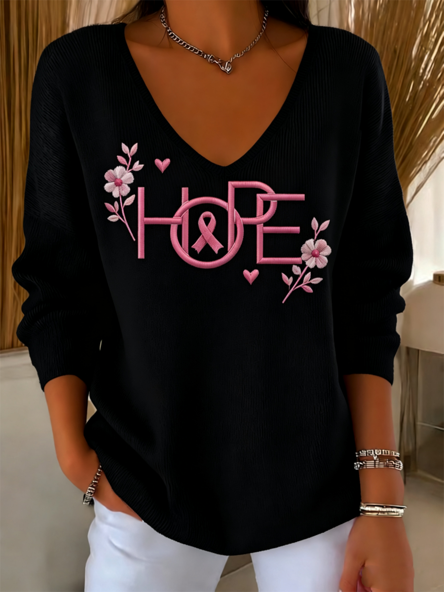 Women's Pink Breast Cancer Awareness Printed V-Neck Ribbed Top