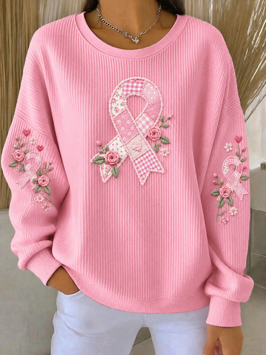 Women's Pink Breast Cancer Awareness Printed Ribbed Round-Neck Sweatshirt