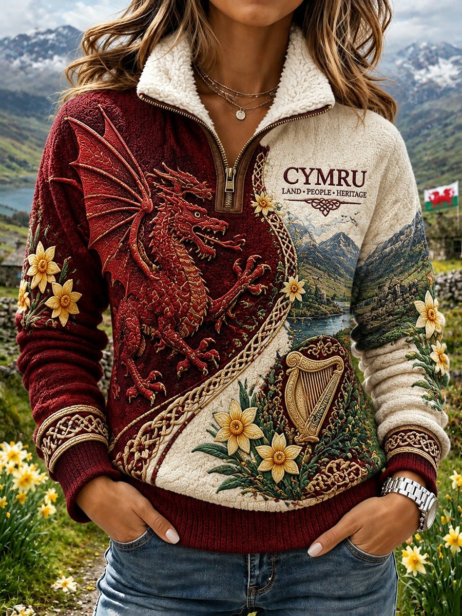 Women's Vintage British Wales Printed Fur-collar Sweatshirt