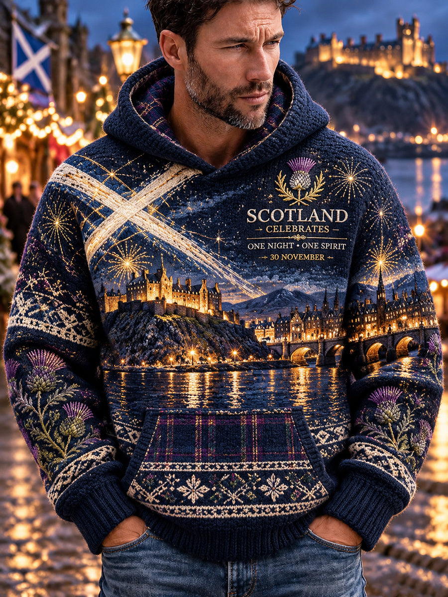 Men's Vintage Scottish St Andrew's Day Printed Hooded Imitation Sweater