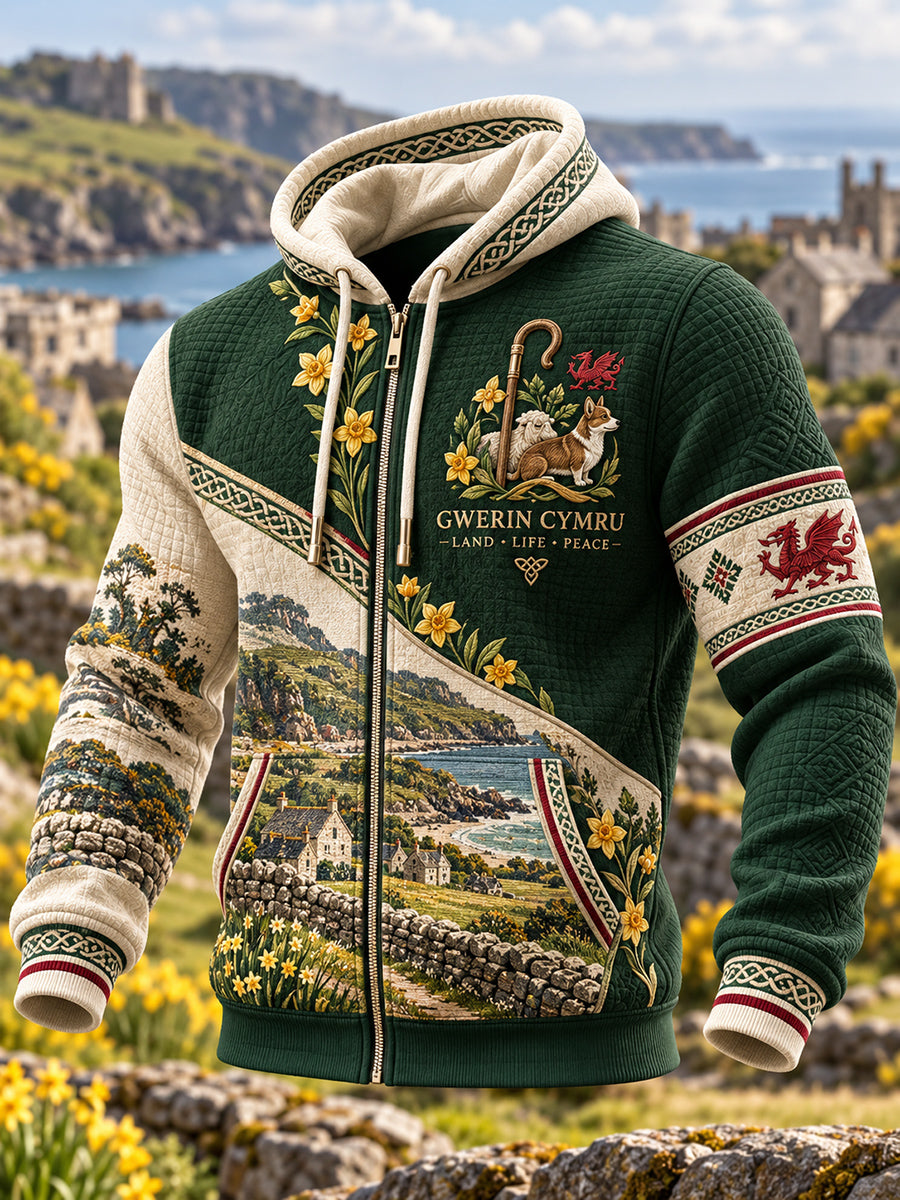 Men's Vintage British Wales Printed Waffle Hooded Jacket