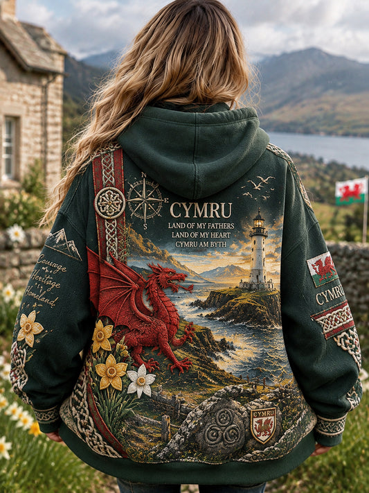 Women's Vintage British Wales Printed Zip-Up Hoodie