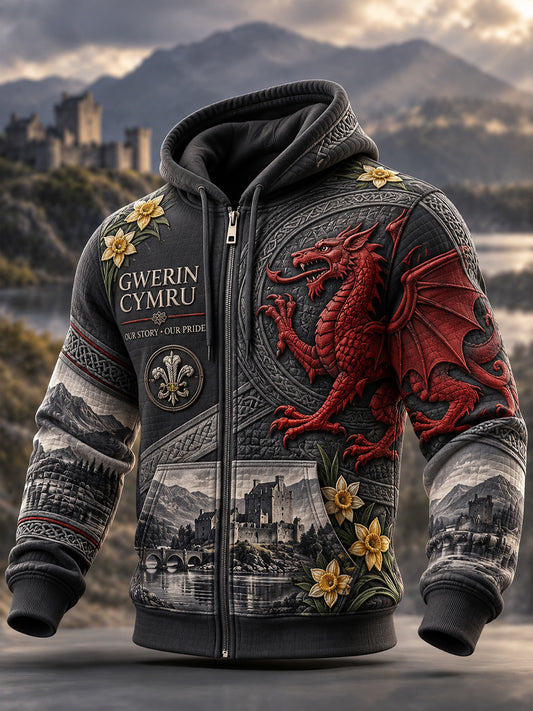 Men's Vintage British Wales Printed Waffle Hooded Jacket