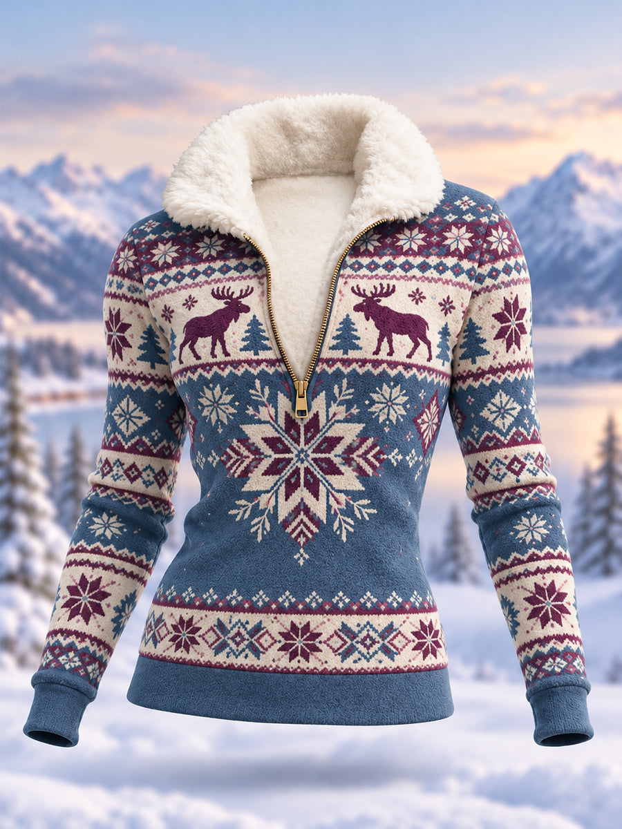Women's Geometric Motifs Moose Print Casual Plush Zipper Pullover