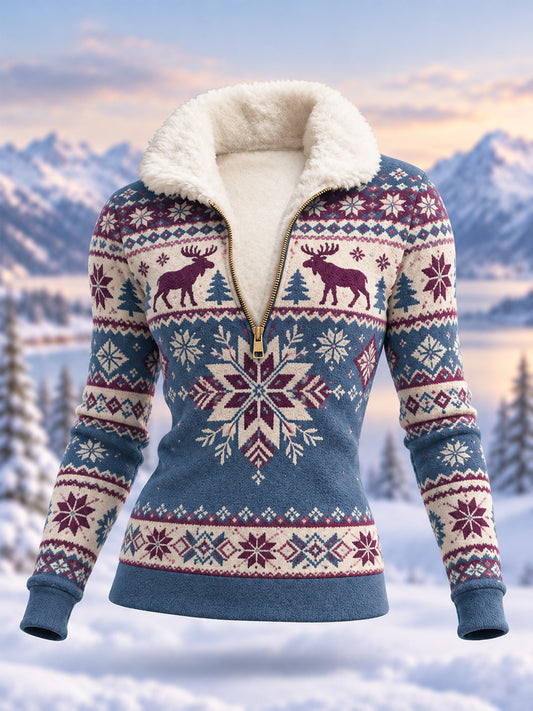 Women's Geometric Motifs Moose Print Casual Plush Zipper Pullover