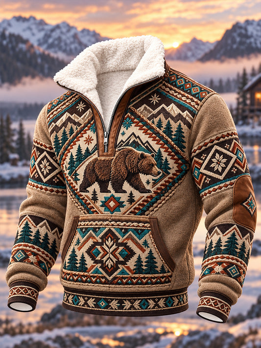 Men's Nordic Forest Animal Print Fleece-Lined Half-Zip Sweatshirt