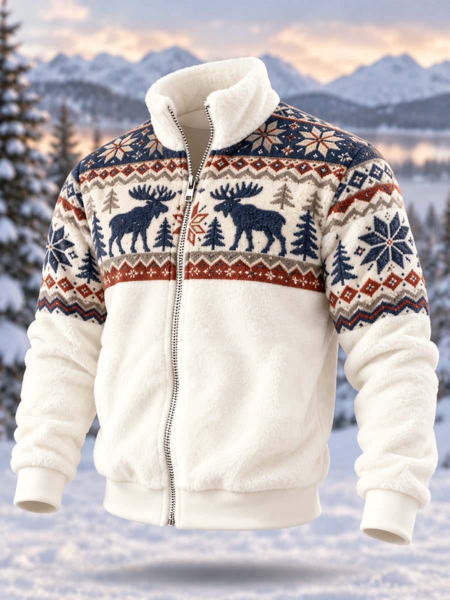 Men's Geometric Motifs Moose Print Casual Flannel Zipper Jacket