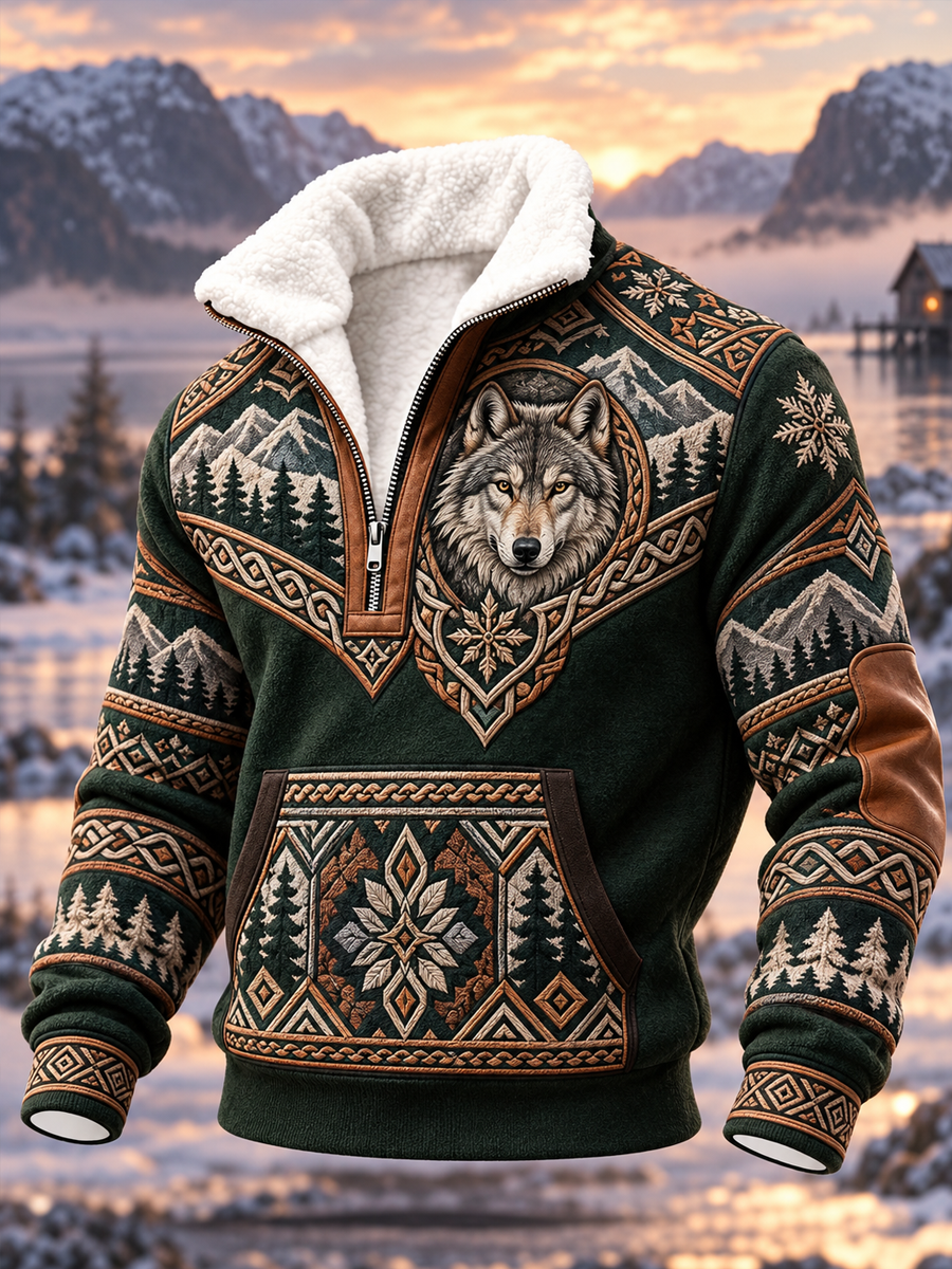 Men's Nordic Forest Animal Print Fleece-Lined Half-Zip Sweatshirt