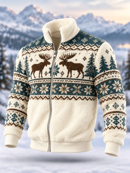 Men's Geometric Motifs Moose Print Casual Flannel Zipper Jacket