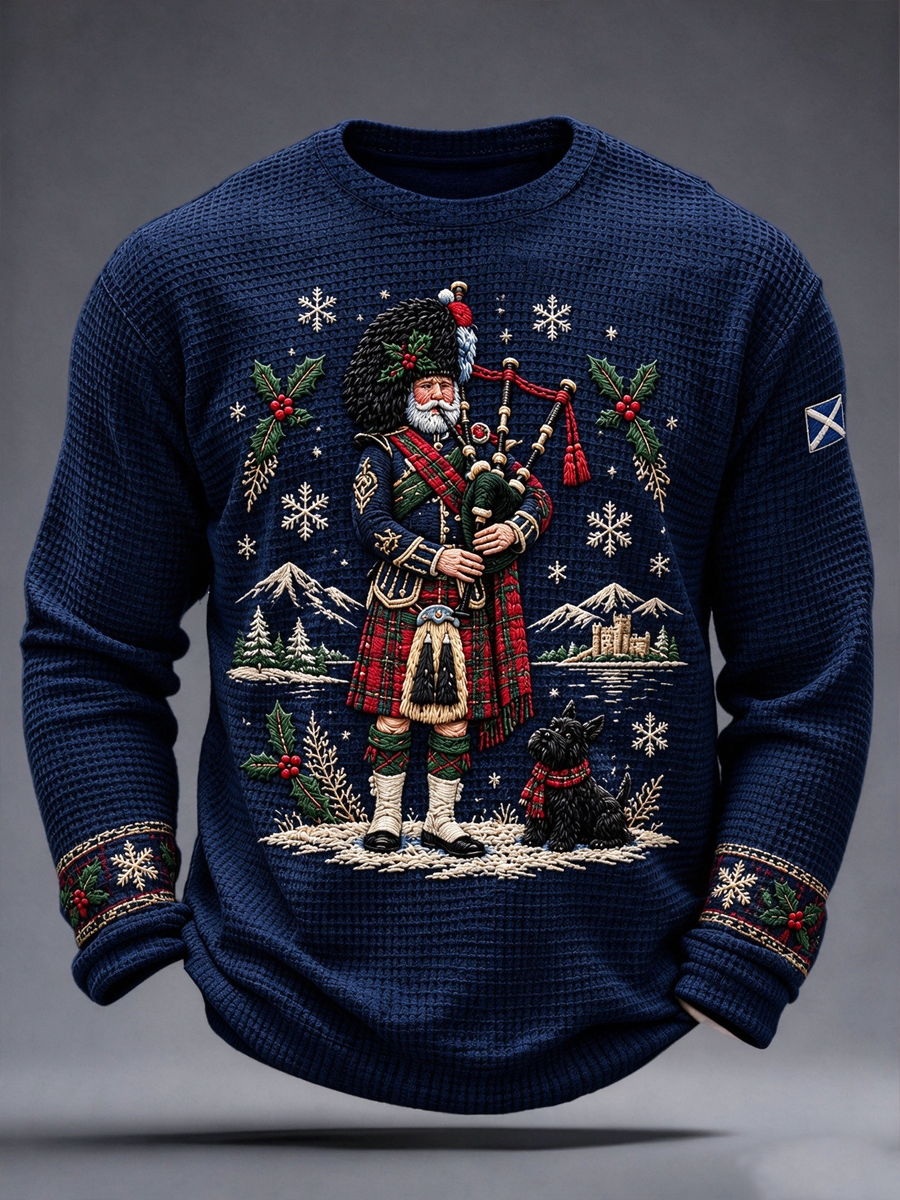 Men's Scottish Christmas Printed Waffle Long Sleeve T-Shirt