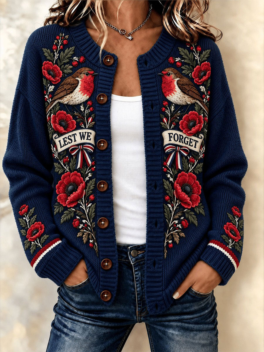 Women's Lest We Forget Print Cardigan-Style Knit Jacket