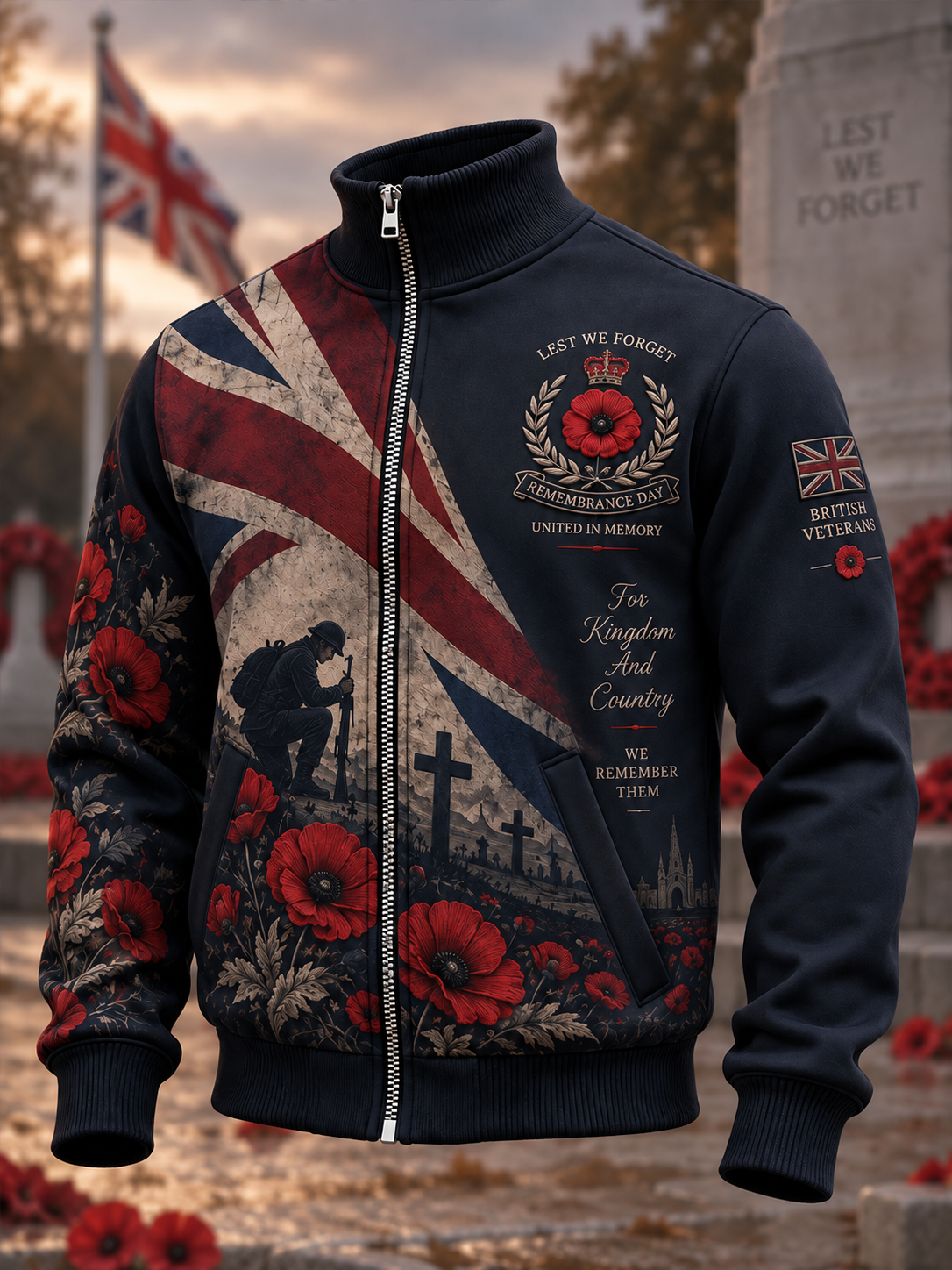 Men's High-Neck Zip-Up Jacket With Remembrance Day Veteran-Themed Print