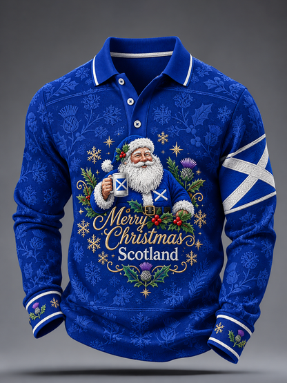 Men's Scottish Christmas Printed long sleeve polo