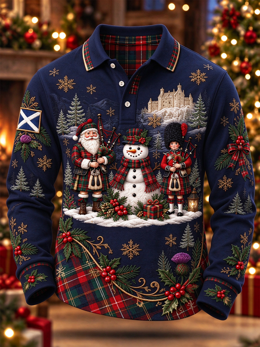 Men's Scottish Christmas Printed long sleeve polo