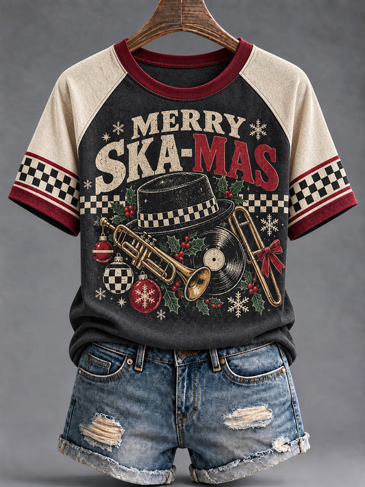 Women's Merry Ska Christmas Print Round Neck T-shirt