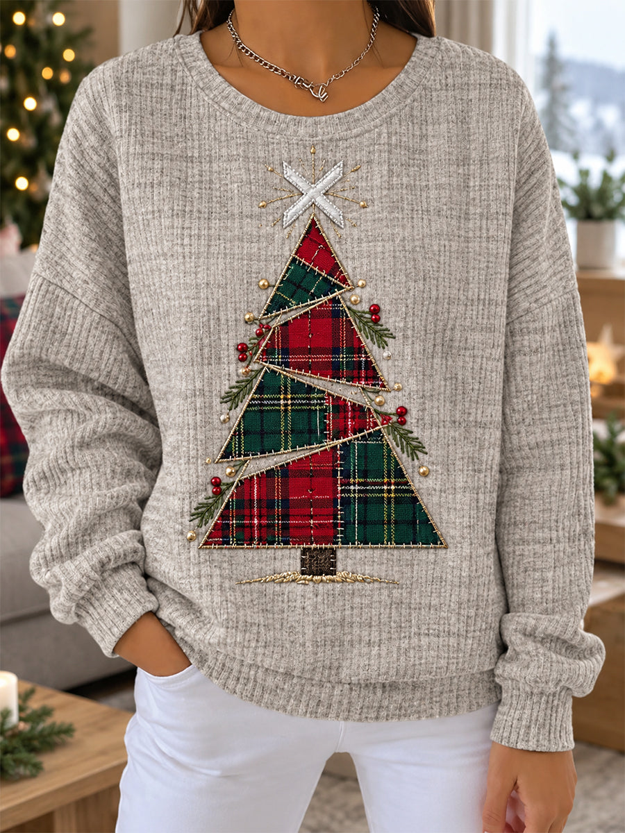 Women's Vintage Scottish Christmas Ribbed Round-Neck Sweatshirt