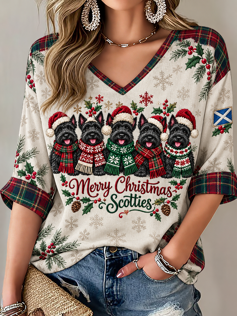 Women's Scottish Christmas Printed Mid-length Sleeves V-Neck T-Shirt