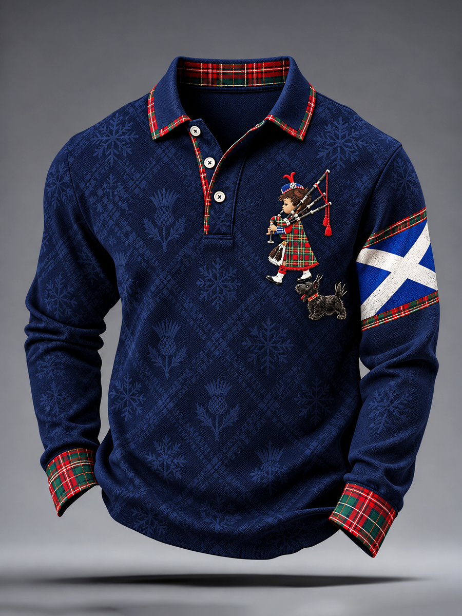 Men's Scottish Christmas Printed long sleeve polo