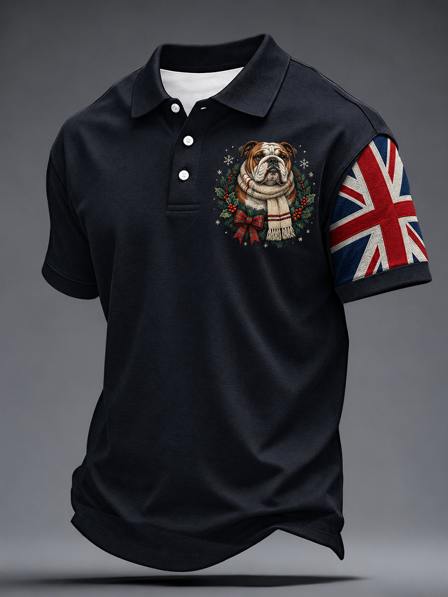 Men's British Christmas Bulldog Print Short Sleeve Shirt